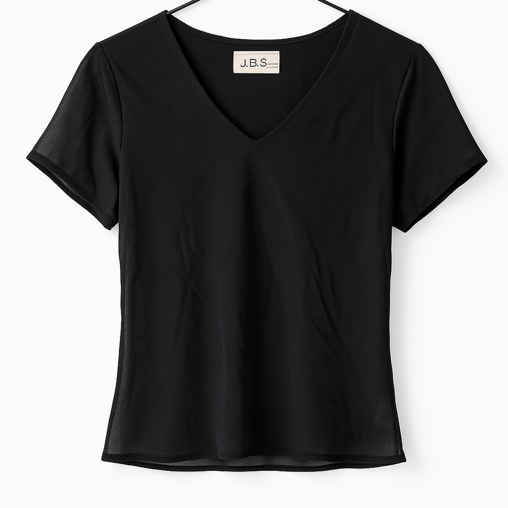 J.B.S. LTD Black Sheer Short Sleeve V-Neck Blouse Layering Top Women’s‎ Medium